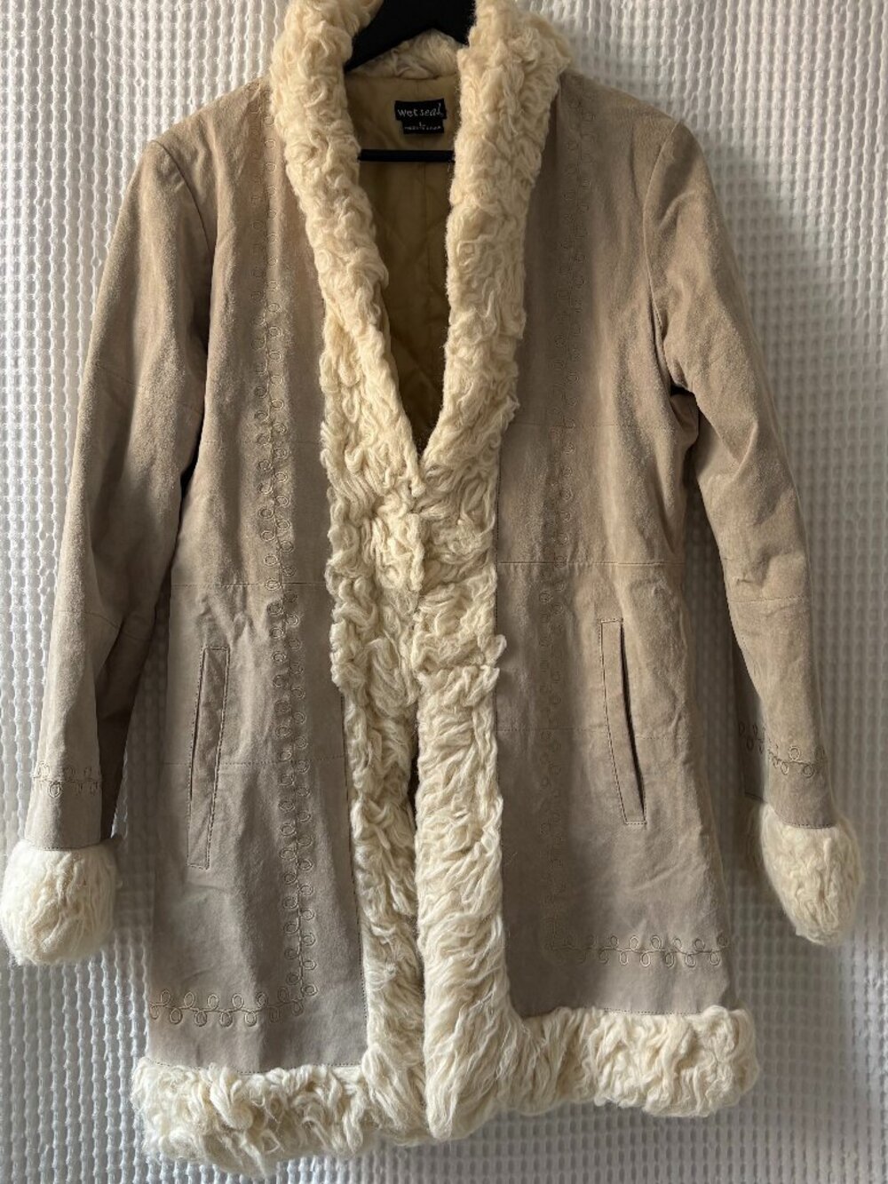 Wet Seal y2k penny lane tan suede fur-trimmed women's retro coat large [READ]
